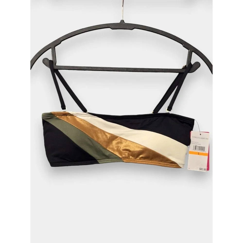 Vince Camuto Bandeau Bikini Top Black Metallic Gold Stripe S Retro Beach NWT - Picture 2 of 7